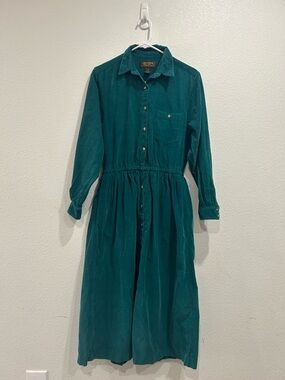 Vintage Eddie Bauer teal blue long sleeve corduroy button-up shirt dress sz Med